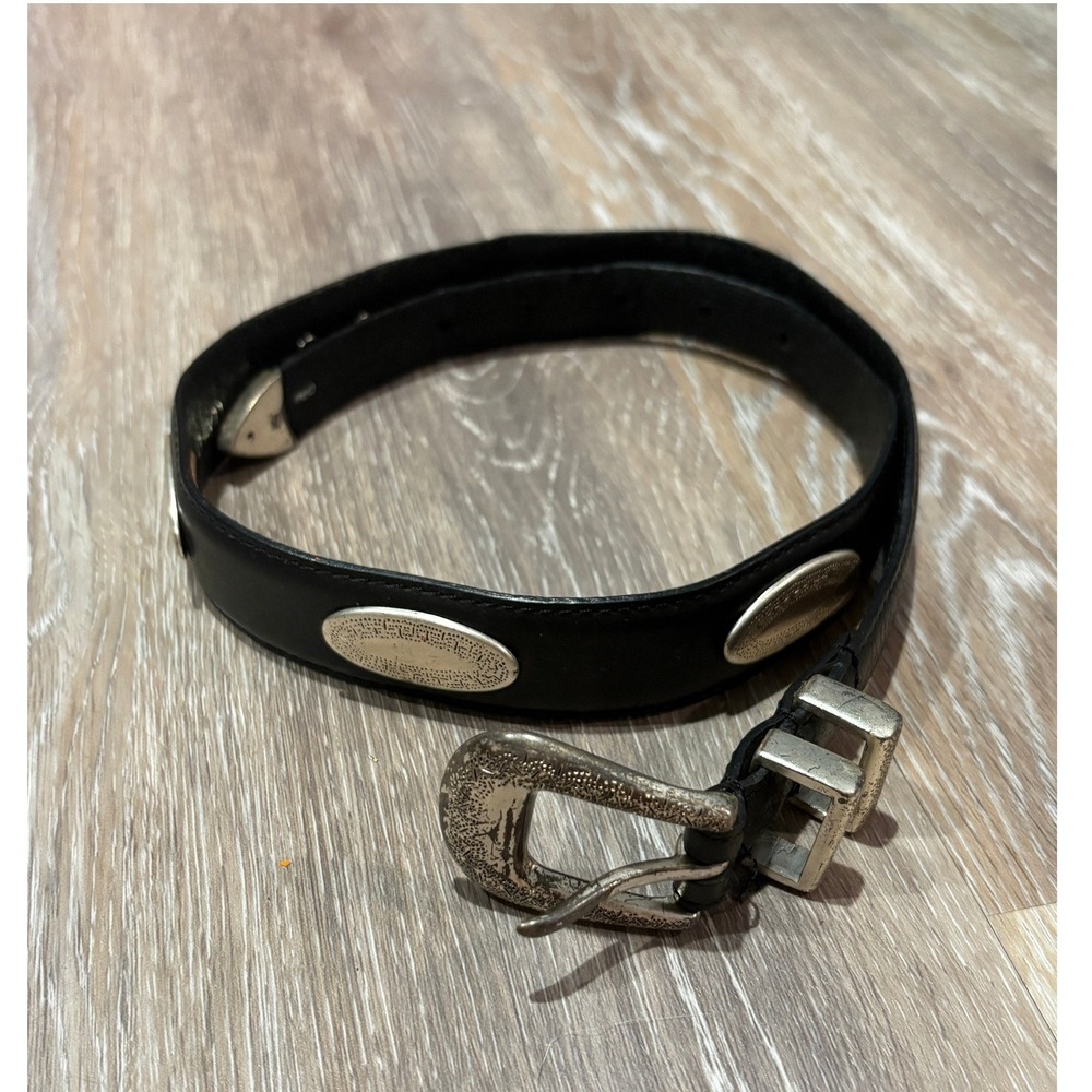 Black Genuine Leather Western Concho Belt Silver Engraved Buckle Size Medium